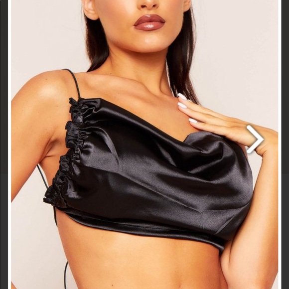 MISSY EMPIRE Lucy Black Satin Ruched Side Cross Strap Crop Top - Picture 3 of 3